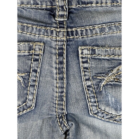 Silver Jeans Women’s 27/33 Tuesday Bootcut Flare Low-Rise Distressed Blue Denim - Picture 14 of 16